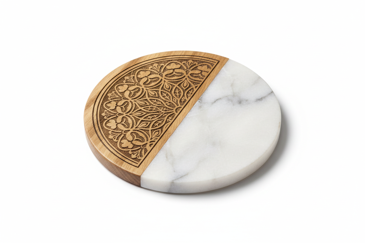 Engraved wood and marble coaster