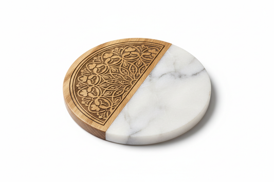 Engraved wood and marble coaster