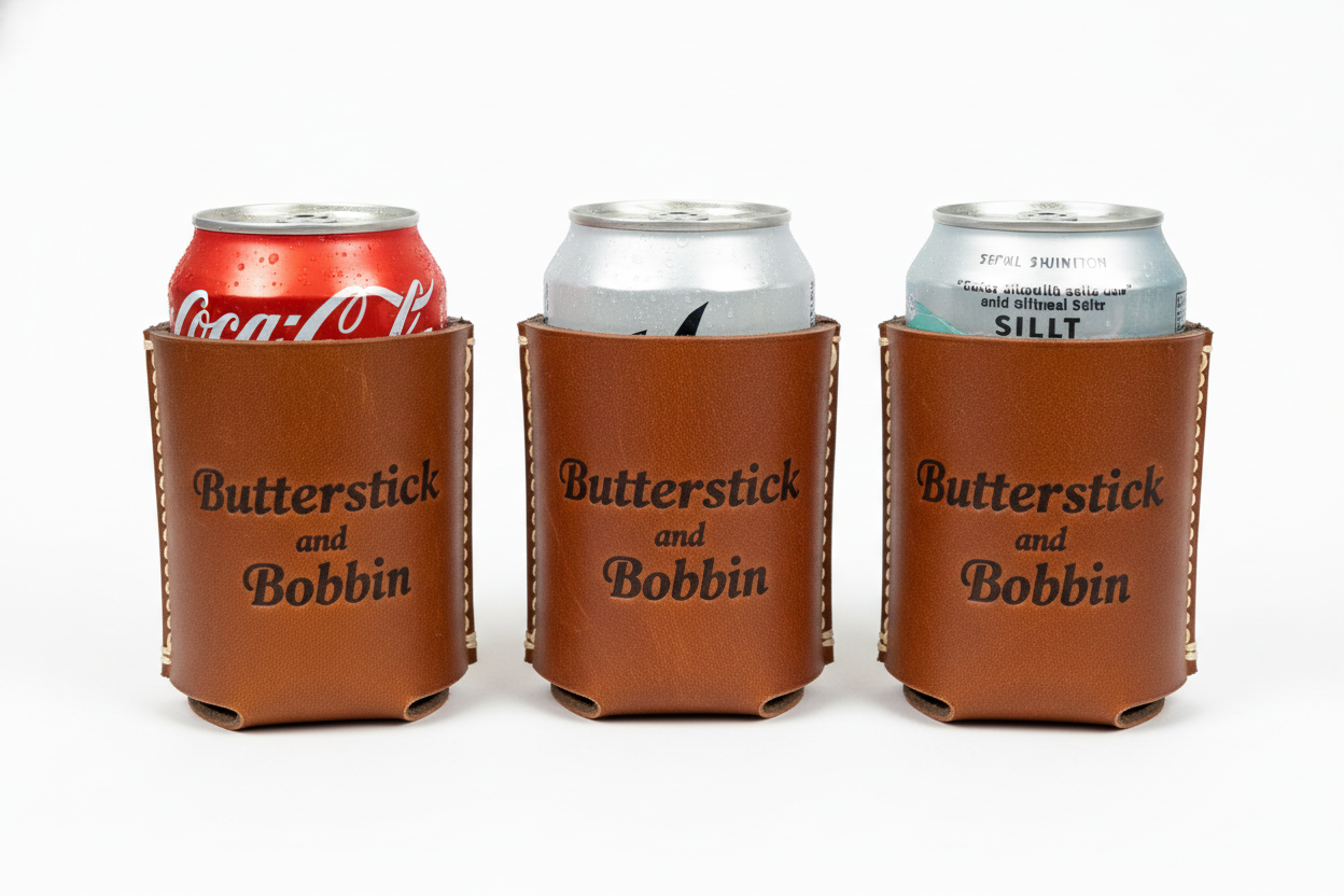 leather drink coozies that say Butterstick and Bobbin