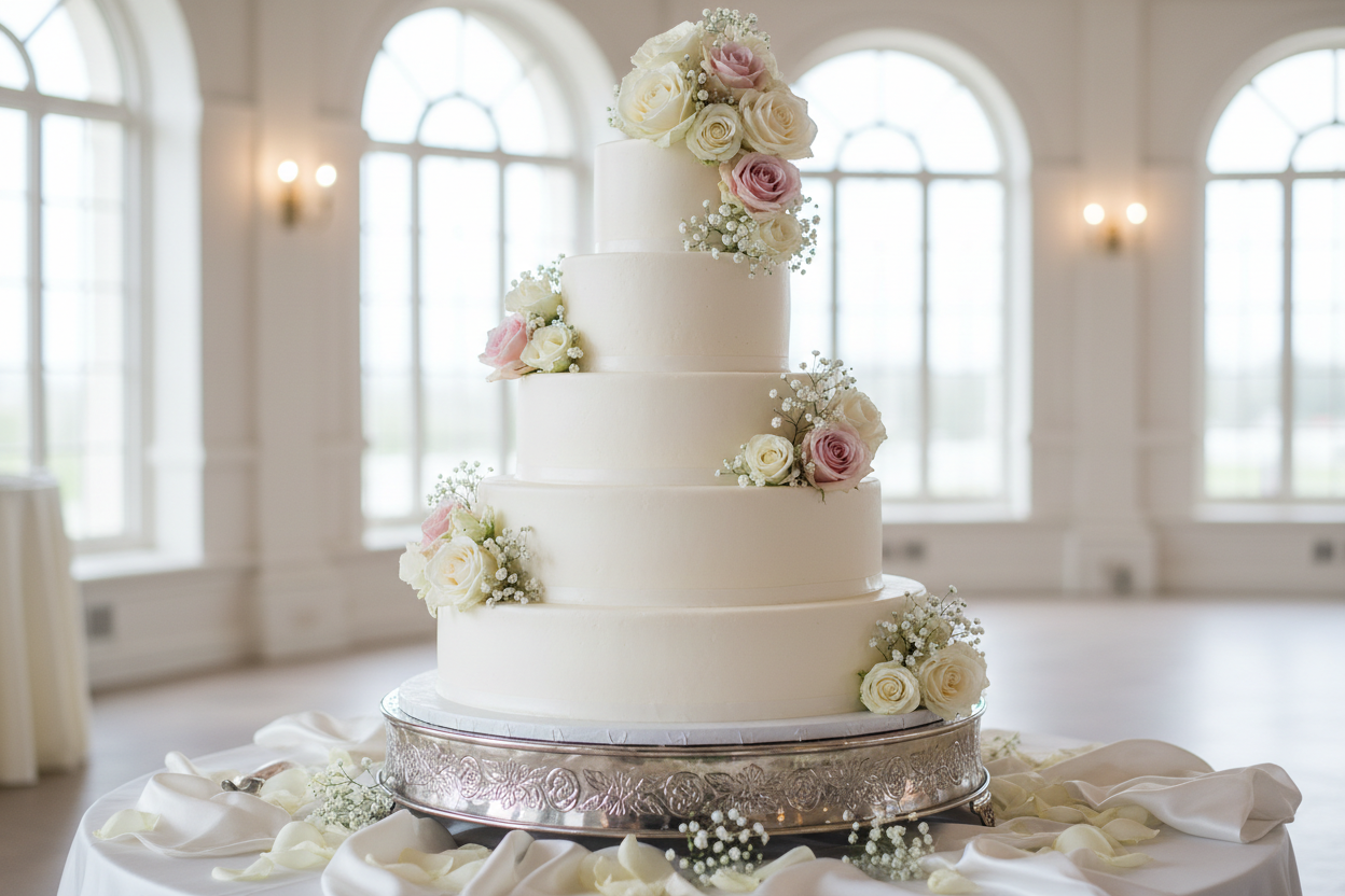 White wedding cake with roses and baby’s breath